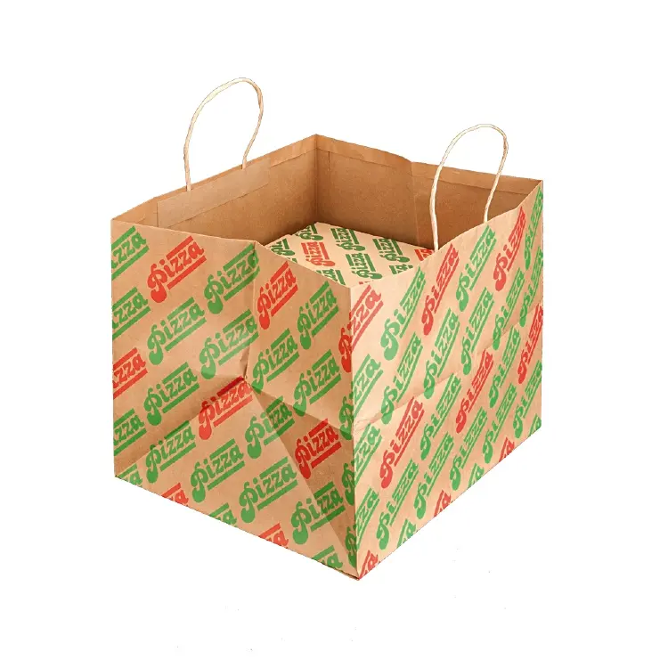 Tragetaschen PIZZA aus Kraftpapier braun für den Transport von Pizzakartons, 37+33x32cm