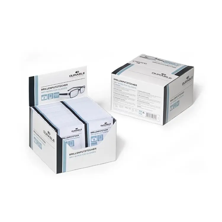Brillenputztücher DURABLE feucht im Zweierset, einzeln verpackt, im Dispenser à 50 Paar